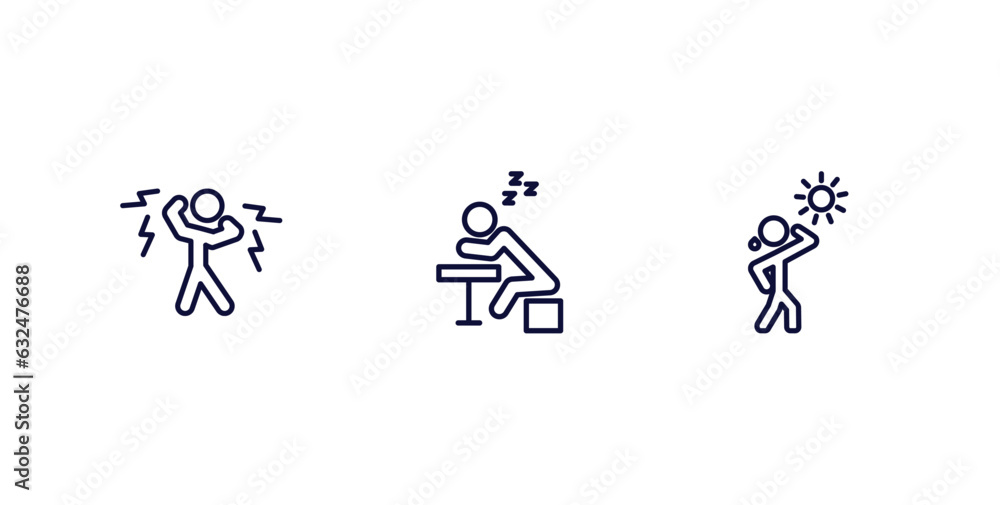 set of feeling and reaction thin line icons. feeling and reaction outline icons included shocked human, lazy human, hot human vector.
