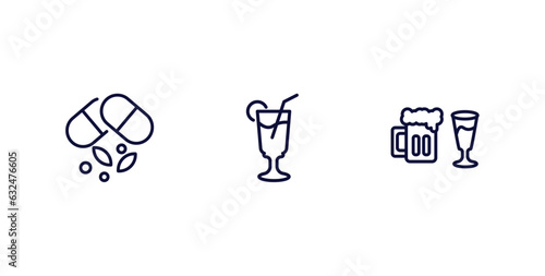 set of food thin line icons. food outline icons included vitamins, tropical drink, alcoholic drinks vector.