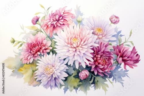 Big chrysanthemum bouquet in watercolor. Beautiful illustration picture. Generative AI