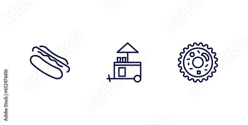 set of food thin line icons. food outline icons included hotdog, snack booth, king cake vector.