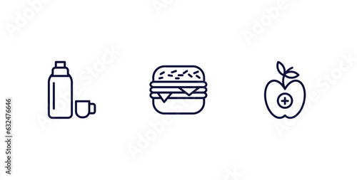 set of food thin line icons. food outline icons included thermo flask, hamburguer, healthy nutrition vector.