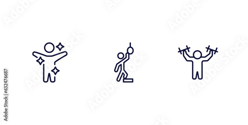 set of feeling and reaction thin line icons. feeling and reaction outline icons included fresh human, hopeless human, strong human vector.