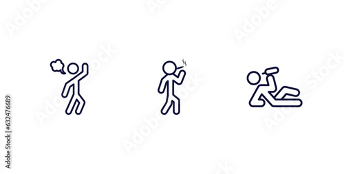 set of feeling and reaction thin line icons. feeling and reaction outline icons included annoyed human, bad human, drunk human vector.