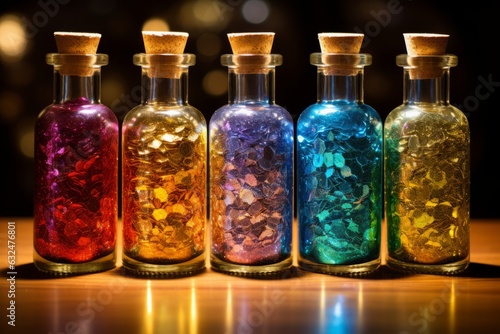 Five glowing little bottles each mixed with different color. Sparkles, glitter.