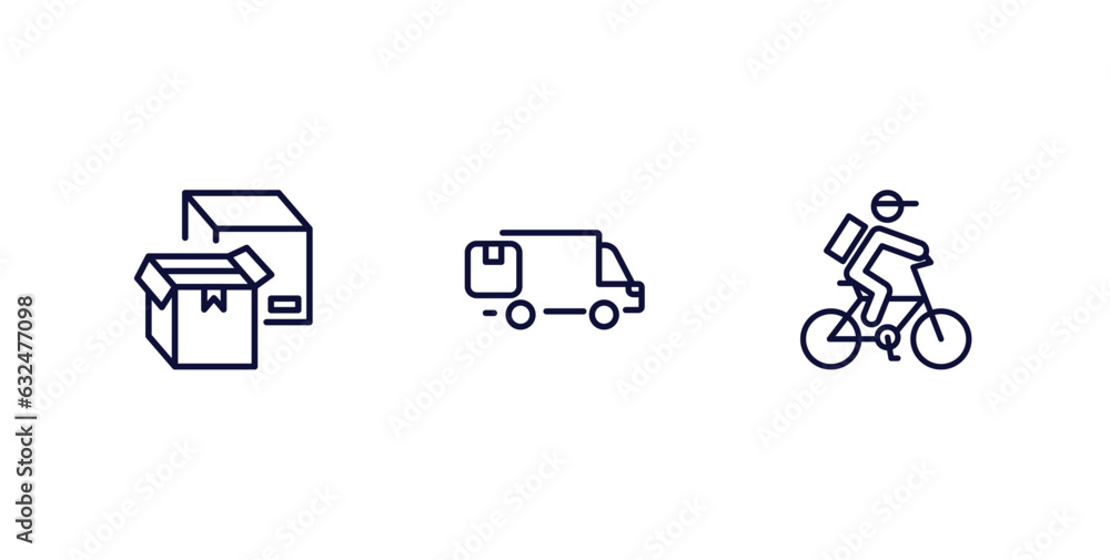 set of delivery and logistics thin line icons. delivery and logistics outline icons included boxes, moving, delivery by bike vector. set of delivery and logistics thin line icons. delivery and logistics outline icons included boxes, moving, delivery by bike vector.