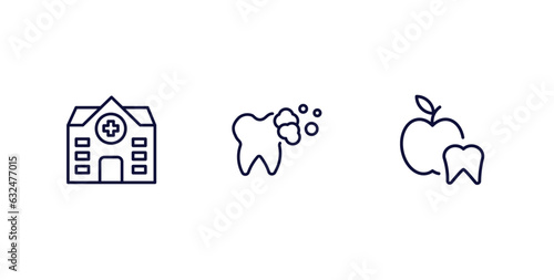 set of dental health thin line icons. dental health outline icons included clinic, tooth cleaning, dentist vector.