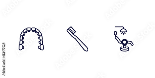 set of dental health thin line icons. dental health outline icons included lingual braces, toothbrushes, dental chair vector.