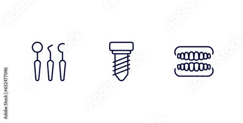 set of dental health thin line icons. dental health outline icons included dentist tools, implant fixture, dentures vector.