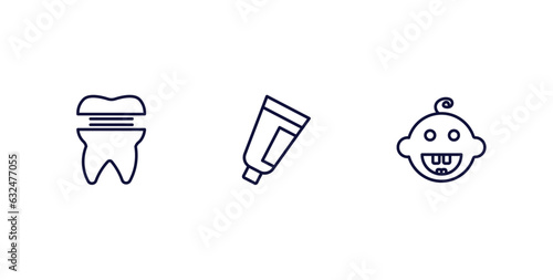 set of dental health thin line icons. dental health outline icons included molar crown, toothpaste tube, baby dental vector.