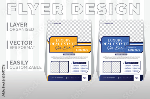 Real estate flyer design template with 2 colors variation, simple and clean vector layout.Real Estate Flyer with Blue, Orange, Red, Yellow & Gradiant Accents.Flyer Layout with Textured Tan Elements.
