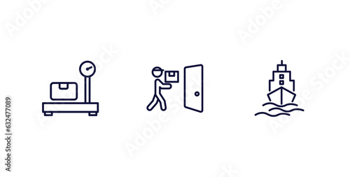 set of delivery and logistics thin line icons. delivery and logistics outline icons included delivery weighing, door, ship by sea vector.