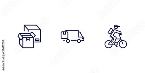 set of delivery and logistics thin line icons. delivery and logistics outline icons included boxes, moving, delivery by bike vector.