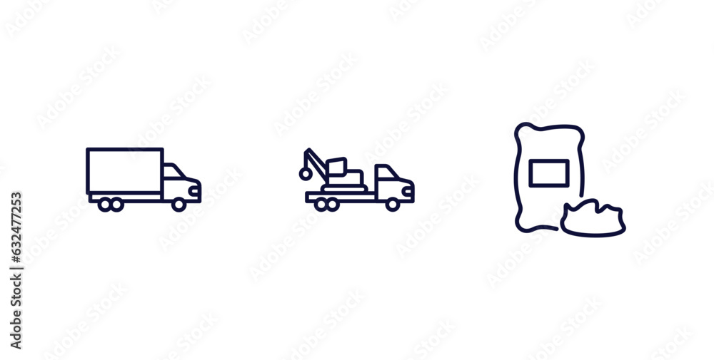 set of construction thin line icons. construction outline icons included truck with freight, truck with crane, vector. set of construction thin line icons. construction outline icons included truck with freight, truck with crane, vector.