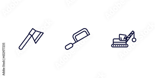 set of construction thin line icons. construction outline icons included inclined ax, , derrick with ball vector.