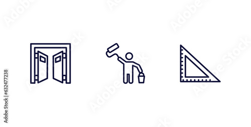 set of construction thin line icons. construction outline icons included doors open, man painting, angle ruler vector.