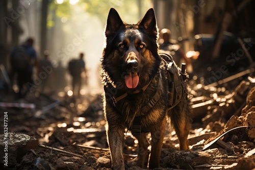 USAR (Urban Search and Rescue), along with their K9 search and rescue dogs. mobilizing to search for earthquake survivors amid the rubble of a collapsed building. Generated with AI photo