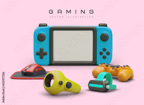 Gaming concept. Computer accessories on colored background. Gadgets for virtual reality, simulations, video games. Electronic sports. Modern entertainment technologies. Vector poster