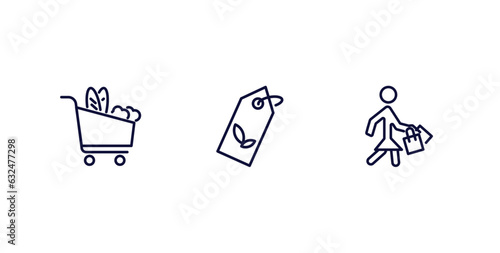 set of commerce and marketing thin line icons. commerce and marketing outline icons included grocery, eco label, shopper with bags vector. photo