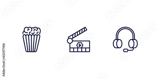 set of cinema and theater thin line icons. cinema and theater outline icons included popcorn bag, movie clapper open, headphone vector.