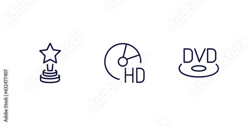 set of cinema and theater thin line icons. cinema and theater outline icons included star movie award, hd dvd, dvd vector.