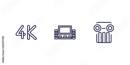 set of cinema and theater thin line icons. cinema and theater outline icons included 4k, home theater, theatre pillar vector.