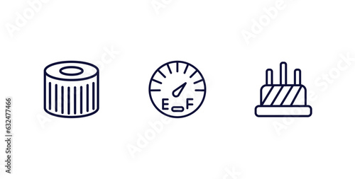 set of car parts thin line icons. car parts outline icons included car oil filter, fuel gauge, distributor cap vector.