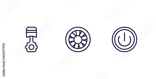 set of car parts thin line icons. car parts outline icons included car piston, hubcap, ignition vector.