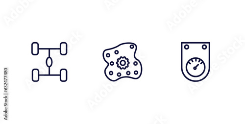 set of car parts thin line icons. car parts outline icons included car chassis, oil pump, ammeter vector.