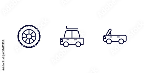 set of car parts thin line icons. car parts outline icons included car spare wheel, roof, soft top vector.