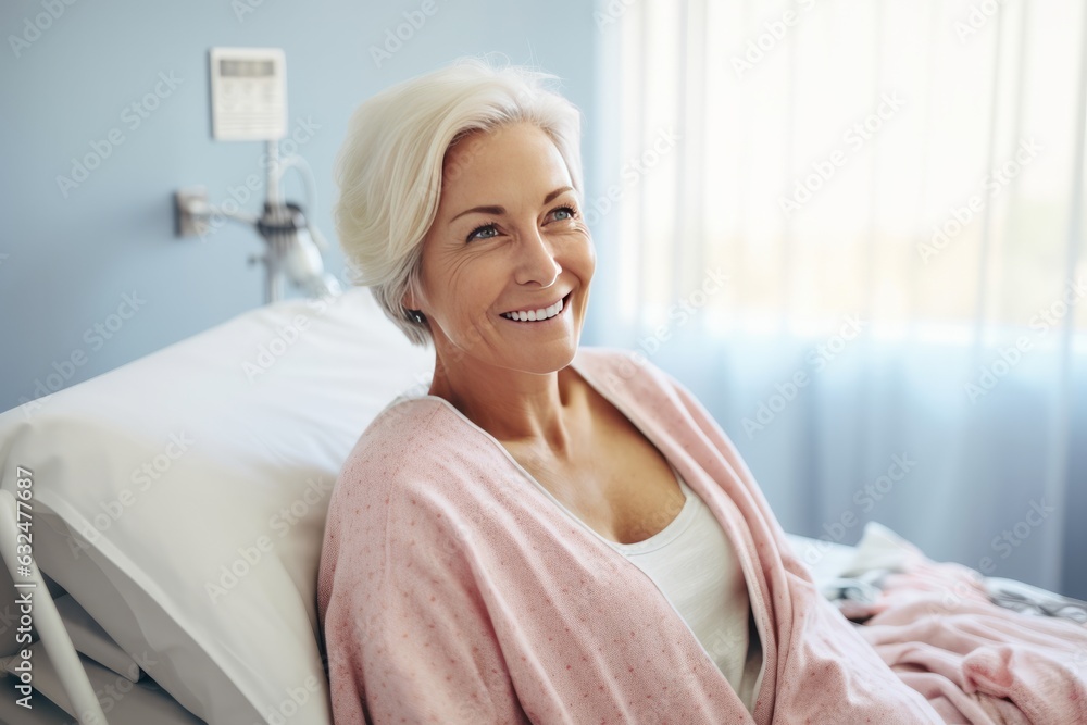 Portrait of beautiful mature adult happy woman sitting in the hospital bed