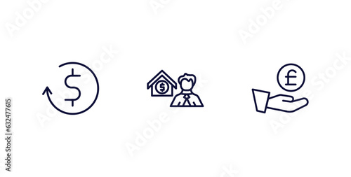 set of business and finance thin line icons. business and finance outline icons included return of investment, mortgage and man, pound coin on hands vector.