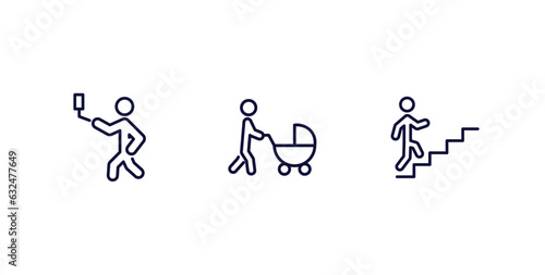 set of behavior and action thin line icons. behavior and action outline icons included man selfie, man with baby stroller, climbing stairs vector.