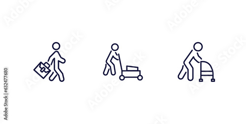 set of behavior and action thin line icons. behavior and action outline icons included going to work, cutting lawn, old man with cane vector.