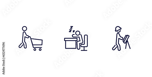 set of behavior and action thin line icons. behavior and action outline icons included man shopping, man snoozing, engineer working vector.