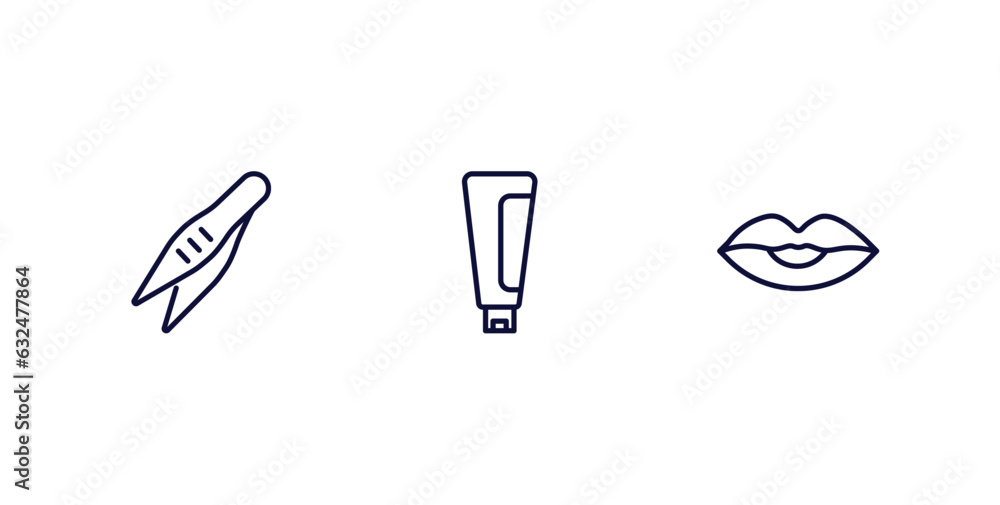 set of beauty and elegance thin line icons. beauty and elegance outline icons included tweezers, cream tube, woman lips vector. set of beauty and elegance thin line icons. beauty and elegance outline icons included tweezers, cream tube, woman lips vector.