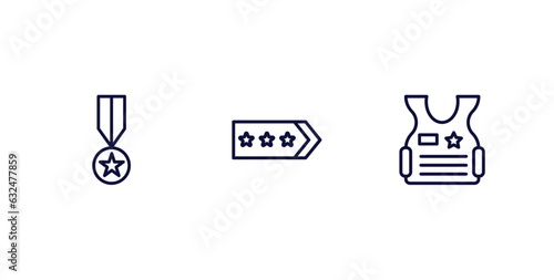 set of military and war and thin line icons. military and war outline icons included condecoration, shoulder strap, bulletproof vector.
