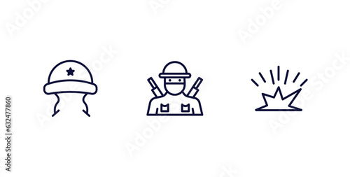 set of military and war and thin line icons. military and war outline icons included military helmet, infantry, explosive vector.