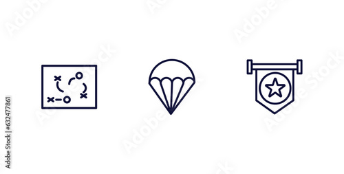 set of military and war and thin line icons. military and war outline icons included strategy, parachute, patriot vector.