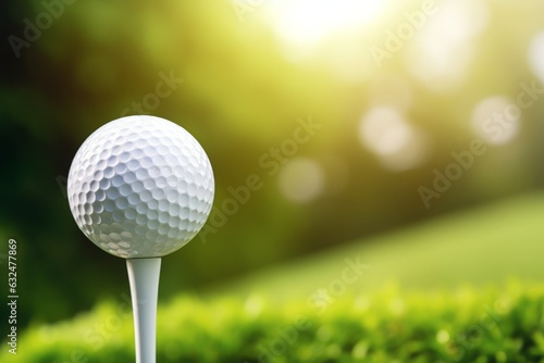 Close up view of golf ball with blurred green lawn. Beautiful illustration picture. Generative AI