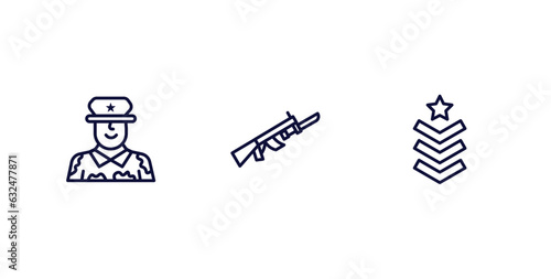 set of military and war and thin line icons. military and war outline icons included lieutenant, bayonet on rifle, chevrons vector.