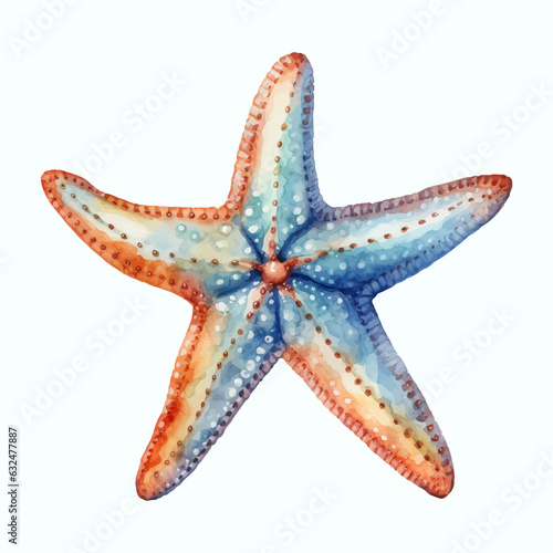 Blue and orange Starfish isolated white background hand drawn watercolor