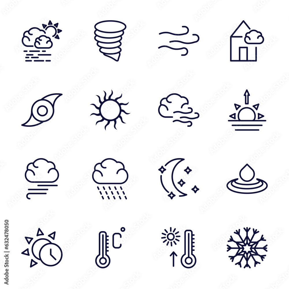 set of weather thin line icons. weather outline icons such as haze, breeze, tropical storm, gust, blanket of fog, daytime, degree, warm, snow vector.