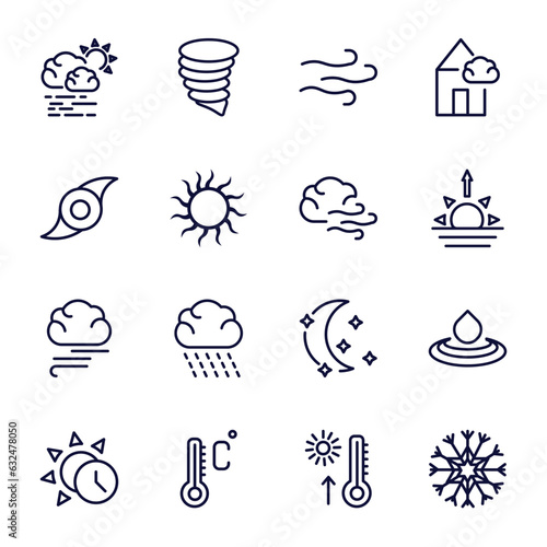 set of weather thin line icons. weather outline icons such as haze  breeze  tropical storm  gust  blanket of fog  daytime  degree  warm  snow vector.