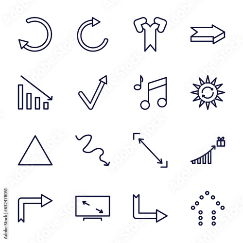 set of user interface thin line icons. user interface outline icons such as rotate arrow, bifurcation, reduce, musical, triangular, right turn, display size, down right arrow, dotted up arrow