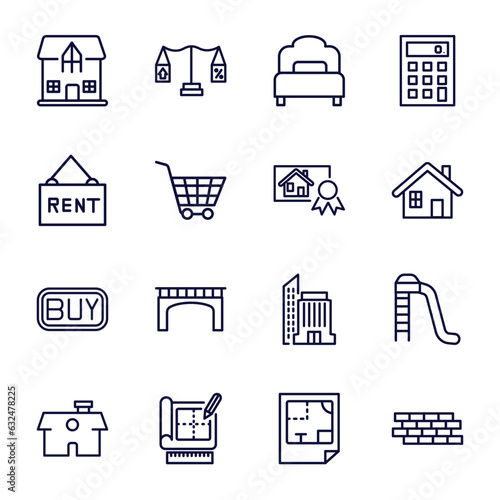 set of real estate industry thin line icons. real estate industry outline icons such as mansion, bedroom, rent, certification, buy, house front view, technical drawing, plans, wall vector.