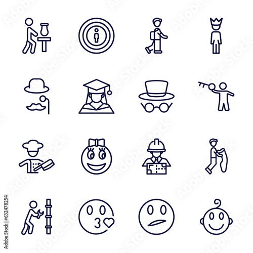 set of people thin line icons. people outline icons such as sculptor working, children in school, sir, hat and glasses, butcher with knife, plumber working, kiss smile, confused smile, baby smile