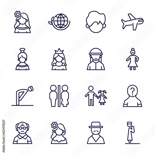 set of people and relation thin line icons. people and relation outline icons such as mexican woman, facial hair, spanish woman, bedouin, ruku, old man, venezuelan, spanish man, takbir vector.
