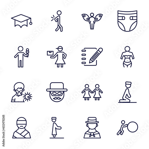 set of people and relation thin line icons. people and relation outline icons such as students graduation hat, grace, foreign reporter, pencil and notebook, sickness, kidnapping, qiyam, colombian,