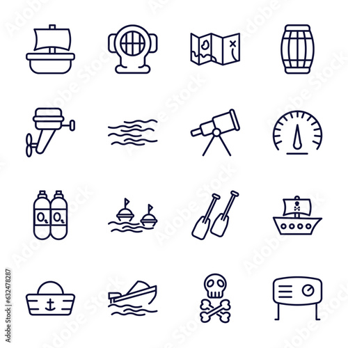 set of nautical thin line icons. nautical outline icons such as trireme, treasure map, boat engine, boat telescope, oxygen tank, sailor hat, speed boat, skull and bones, air tank vector.