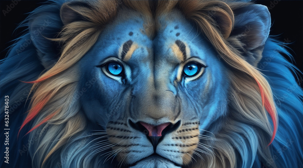A colorful lion with a blue eye and a black background by Generative AI